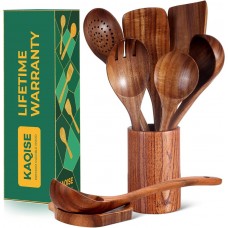 KAQISE 8-Piece Premium Wooden Spoons for Cooking, Kitchen Essential Wooden Utensils Set, Teak Wood Culinary Utensils Set for Families