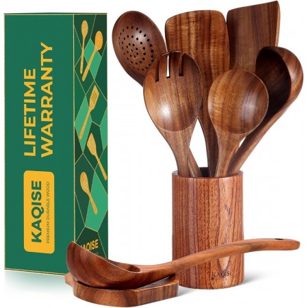 KAQISE 8-Piece Premium Wooden Spoons for Cooking, Kitchen Essential Wooden Utensils Set, Teak Wood Culinary Utensils Set for Families